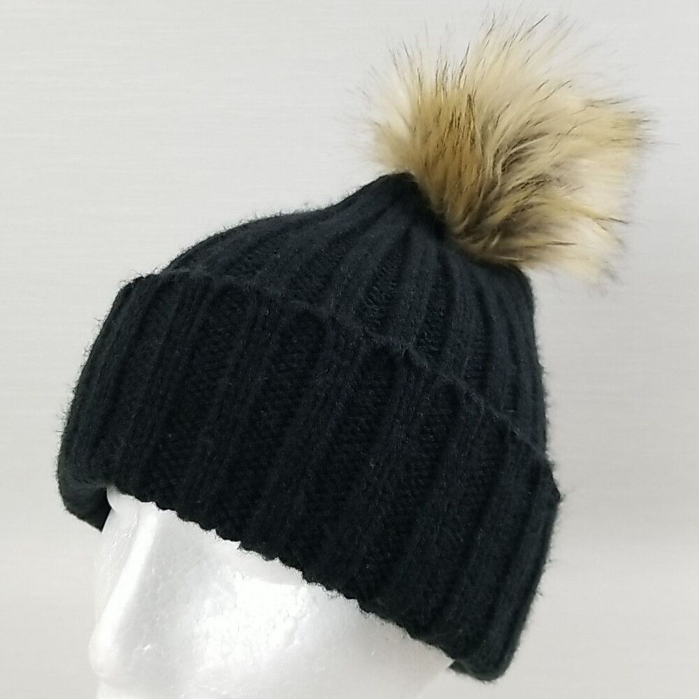 Sierra Womens Black Ribbed Cuffed Beanie W/ Faux Fur Pom OSFM